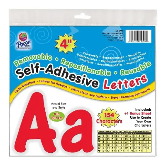 Pacon Self-Adhesive Letters Repositionable 4" 154/PK Red 51694 image {1}