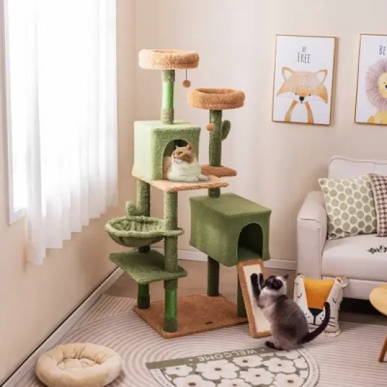 Tangkula 63" Cactus Cat Tree for Indoor Cats w/Sisal Scratching Posts & Ladder Basket Bed image {1}