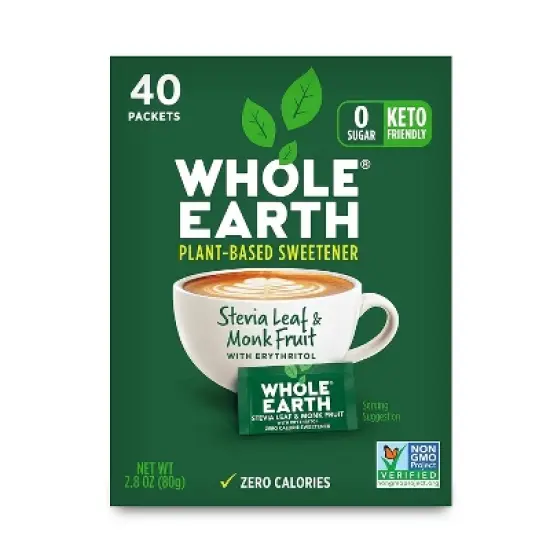 WHOLE EARTH PLANT BASED SWEETENER STEVIA LEAF & MONK FRUIT W/ ERYTHRITOL PACKETS, 40 CT image {4}