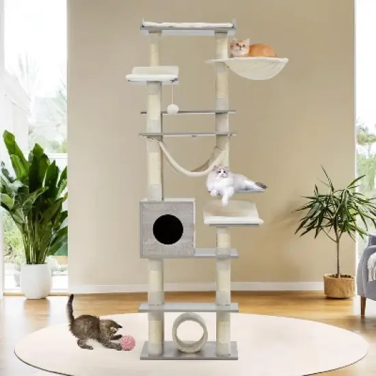 Cat Tree for Large Cats, Features Scratching Post, Cat Condo, Platforms, Tunnel, Hammock, Food Station & Bowls image {1}
