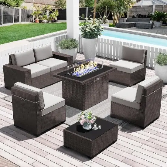 LayinSun 7 Pieces Outdoor Patio Furniture Set with 44" Fire Pit Table Brown Rattan Sectional Sofa Conversation Sets image {11}