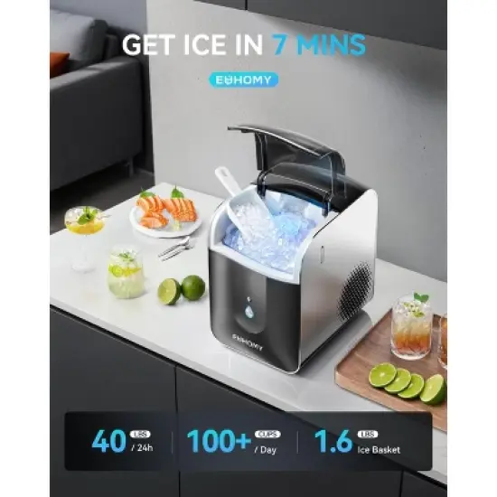 EUHOMY Nugget Countertop Ice Maker, 40 Lbs/Day, APP Remote Control & LED Indicator, Self-Cleaning, Compact Ice Machine with Scoop, Black image {1}