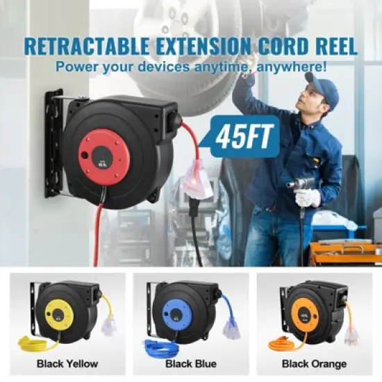 VEVOR Retractable Extension Cord Reel, 45 FT, Heavy Duty 12AWG/3C SJTOW Retractable Power Cord with Lighted Triple Tap Outlet, Black image {2}