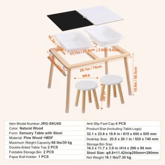 VEVOR Sensory Table and Chairs Set, Toddlers Activity Table with 2 Stools, 2 Storage Bins & Paper Roll Holder, Wooden Kids Sensory Table image {7}