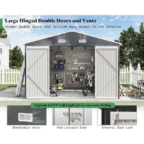 AMERLIFE 10x12x7 FT Steel Storage Shed with 2 4-Pane Windows, Hinged Double Doors, Dark Grey/White image {3}