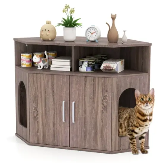 Tangkula 3-Tier Modern Corner Cat Litter Box Enclosure w/ Storage Shelves Double Doors image {10}
