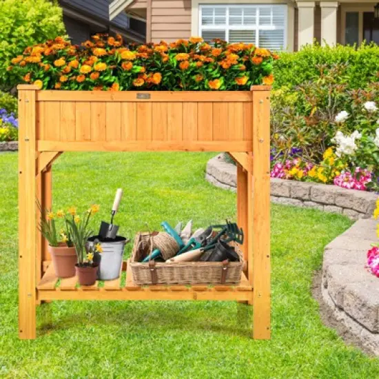Tangkula Outdoor 8 Grids Raised Garden Bed Elevated Planter Box Kit w/Liner & Shelf for Backyard Patio image {1}