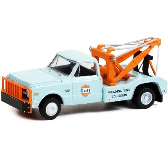 1969 Chevrolet C-30 Dually Wrecker Tow Truck "Gulf Oil" Light Blue "Welding Tire Collision" 1/64 Diecast Model Car by Greenlight image {1}