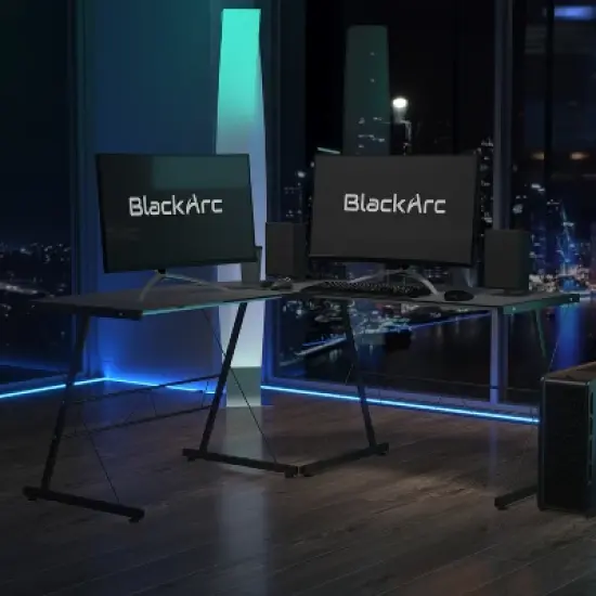 BlackArc L-Shaped Gaming Desk with Tempered Glass Top and Powder Coated Steel Frame image {1}