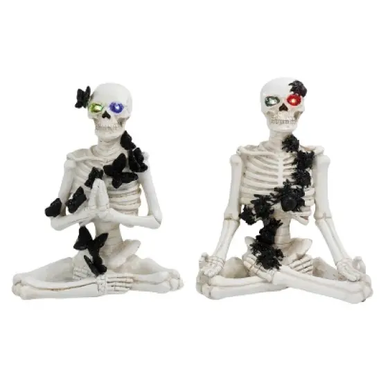 Transpac Light Up Yoga Skeleton Figurines Set of 2 Decorative Halloween Tabletop Decor Battery Operated White Resin image {1}