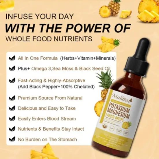 Mulittea Potassium Magnesium Liquid Supplement - Plus Calcium, Vitamin C, Zinc for Bone & Energy & Immune Support - 2 Fl oz(Pineapple flavor) image {3}