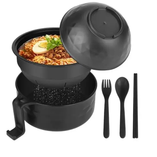 Itopfox Ramen Bowl Set with Chopsticks and Spoon, Microwave Pasta Cooker, College Dorm Essentials for Girls and Guys (Black) image {7}
