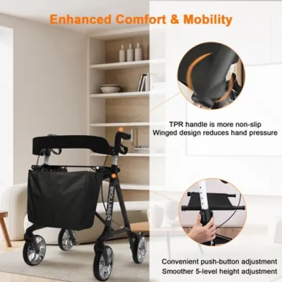 Whlicks Foldable Rollator Walkers with Seat for Seniors,  Adjustable Handles Height, 330 lbs Weight Capacity, Lightweight Rolling Walker, Black image {1}