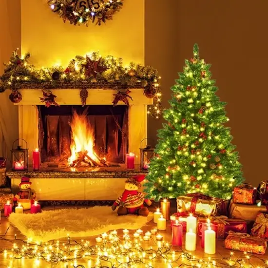 Costway 4.5Ft\6.5Ft\7.5Ft Pre-lit Hinged Christmas Tree w/ Pine Cones Red Berries and 300\450\450 LED Lights image {1}