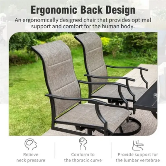 Captiva Desighttps 8pc Patio Dining Slat-top Rectangular Steel Table & Padded Sling Swivel Chairs & Market Umbrella image {6}