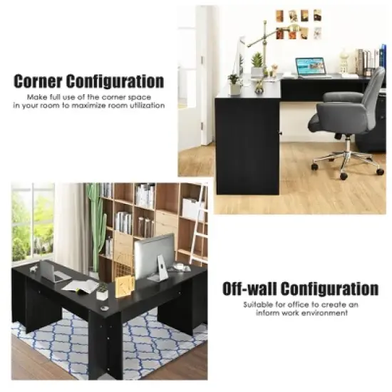 Costway L-Shaped Corner Computer Desk Writing Table Study Workstation w/ Drawers Storage Black image {7}