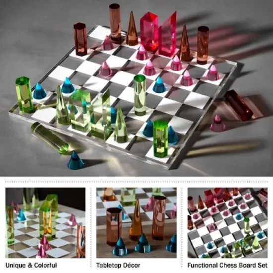 Trademark Games Modern Chess Set - Acrylic Chess Board with 32 Colorful Game Pieces - Unique Tabletop Decor Item with Functional Gameplay image {2}