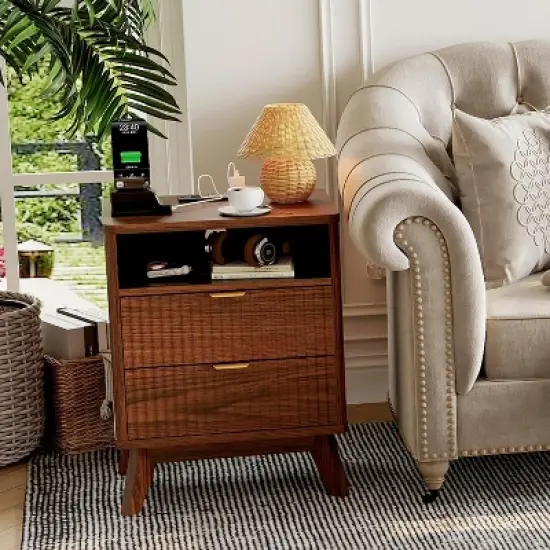 Modern Fluted Night Stand, Wood Nightstand with USB Ports and Outlets, 2 Drawers and Open Shelf, Bedside Table End Table.Walnut 2pc image {5}