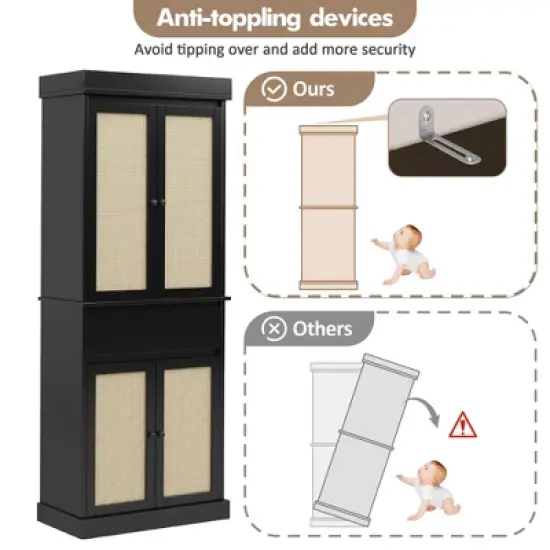 Kitchen Pantry Cabinet, Tall Storage Cabinet with Rattan Doors and Adjustable Shelves, Freestanding Cupboard with Drawer for Bathroom, (Black) image {7}