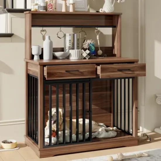 38in Dog Crate Furniture, Heavy Duty Dog Cage Table with 2 Storage Drawers and Shelves, Side End Table with Sliding Door for Dogs Indoor, Brown image {1}