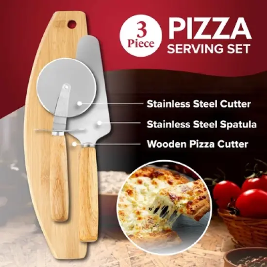 Granitestone Piezano 3-Piece Pizza Serving Set &ndash; Stainless Steel and Wood Utensils for Effortless Pizza Cutting and Serving image {1}