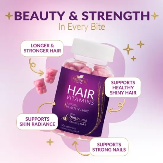 Sugar Bear Hair Gummies 5000mcg Biotin Vitamins C & E for Hair, Skin, & Nails - 60 Gummies By Nature's Choice image {4}