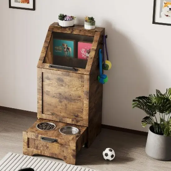 Flip Top Dog Food Storage Container, Wood Pet Storage Cabinet with 2 Pull-Out Elevated Dog Bowls image {7}