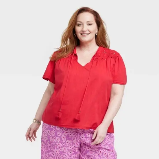 Women's Short Sleeve V-Neck Woven Eyelet Top - Knox Rose&trade; image {5}