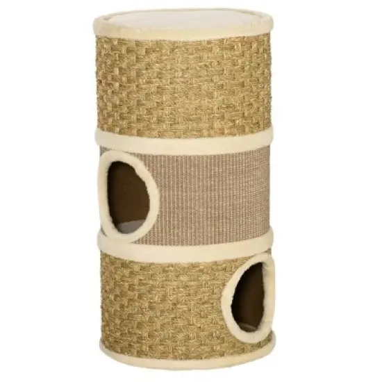 Gulches PawHut 28 Inch Cat Condo, 3 Story Cat Hideaway with Small Cat Tree for Indoor Cats, Khaki and Brown image {6}