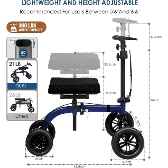 Lycvki Adjustable All Terrain Knee Rollator Walker for Broken Leg Ankle Injuries with 10" Big Wheels, Dual Brakes image {5}