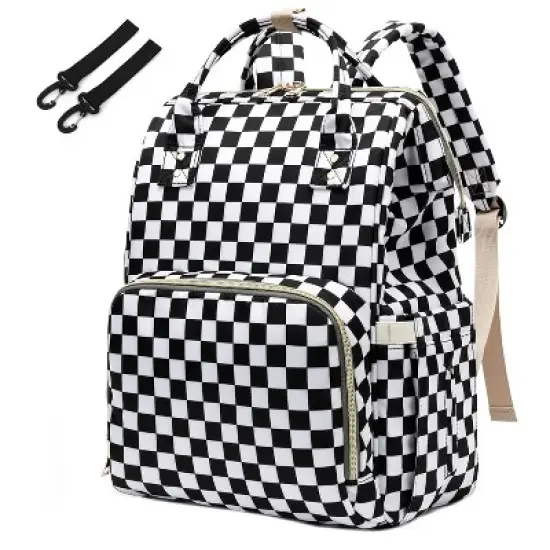 Itopfox Checkered Waterproof Diaper Backpack for Baby Girls and Moms, Large Nappy Bag with Insulated Bottle Pockets image {7}