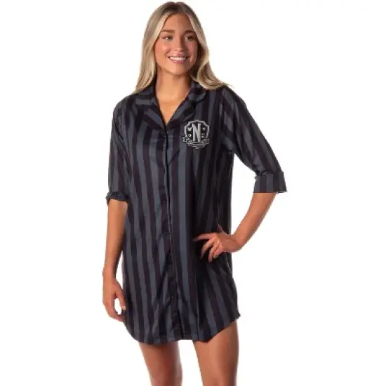 Wednesday Addams Family Women's Collared Pajama Nightgown Sleep Shirt Black image {4}