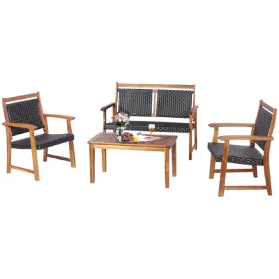 Tangkula 4PCS Patio Rattan Furniture Set Cushioned Loveseat & Table Set w/Acacia Wood Frame image {3}