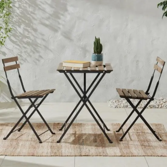 Folding Patio Bistro Set &ndash; 3-Piece Acacia Wood and Steel Caf&eacute; Table and Chairs for Porch, Deck, Garden, or Balcony Furniture by Lavish Home (Brown) image {4}
