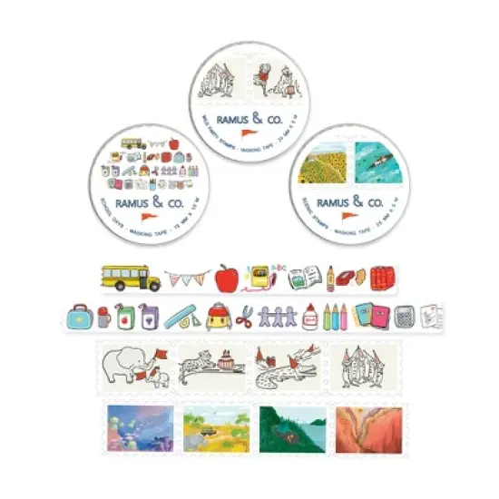 Illustrated Masking Tape by Ramus & Co - 3ct Rolls, Assorted Rolls (School Days + Wild Party Stamps + Scenic Stamps) image {4}