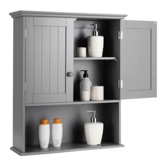 Tangkula Wall Mounted Bathroom Cabinet Medicine Cabinet Storage Organizer with 2 Doors & Adjustable Shelf Grey/White image {6}