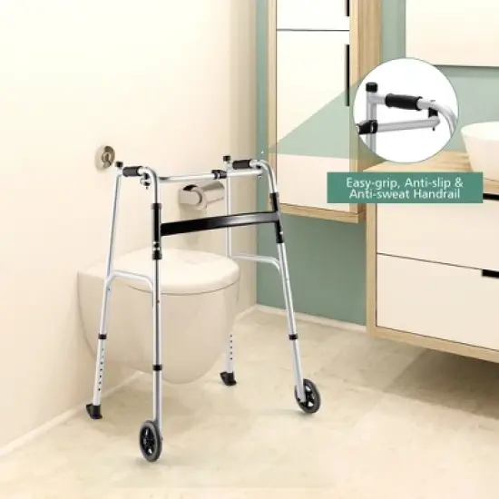 Costway Foldable Aluminum Alloy Walker Wheel Walking Frame with Seat & Armrest Pad image {7}