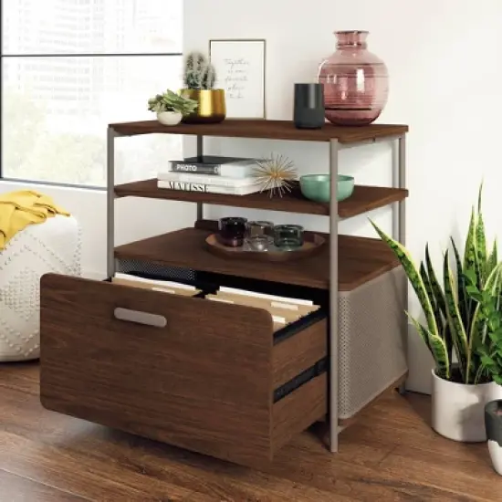 Radial Lateral File Cabinet with Drawer and Open Shelves Umber Wood - Sauder image {2}