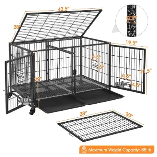 Yaheetech 42.5" W Rolling Dog Crate for Small Dogs, Black image {2}