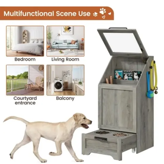 ODK Dog Feeding Station with 2 Elevated Bowls, Dog Food Storage Cabinet, Flip Top Pet Feeding Station, Food Storage Container,Pet Toy Organizer image {6}