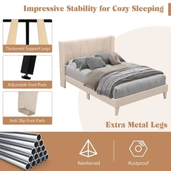 Costway Full/Queen Size Upholstered Bed Frame with Elastic Pockets Mattress Foundation Beige image {6}