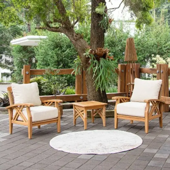 Cambridge Casual 3pc Carmel Teak Wood Outdoor Patio Small Spaces Conversation Set with Tan Cushions image {1}