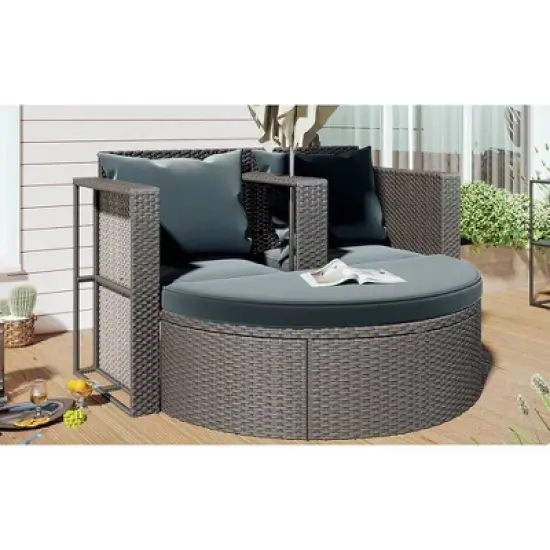 2pc Outdoor Wicker Conversation Sectional Set with Cushions & Half-Moon Side Table for Umbrella - Gray - GODEER image {2}