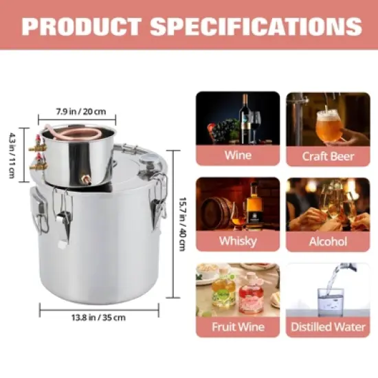 Garvee Alcohol Still Stainless Steel Alcohol Distiller Copper Tube Spirit Boiler with Build-In Thermometer for Brewing Whisky Wine Brandy image {2}