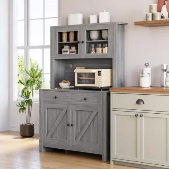 Kitchen Pantry Storage Cabinet with Microwave Stand & Coffee Bar Cabinet,Freestanding Hutch Cabinet with 4Doors image {8}