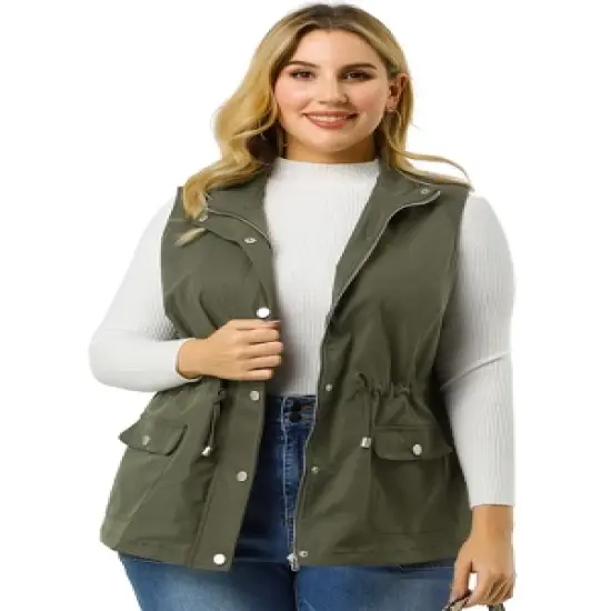 Agnes Orinda Women's Plus Size Utility Vest Cargo Pocket Drawstring Waist Sleeveless Jacket image {3}