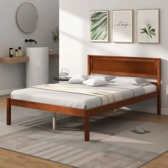 Costway Full/Queen/Twin Size Wooden Platform Bed Frame with Headboard Mattress Foundation Walnut image {10}