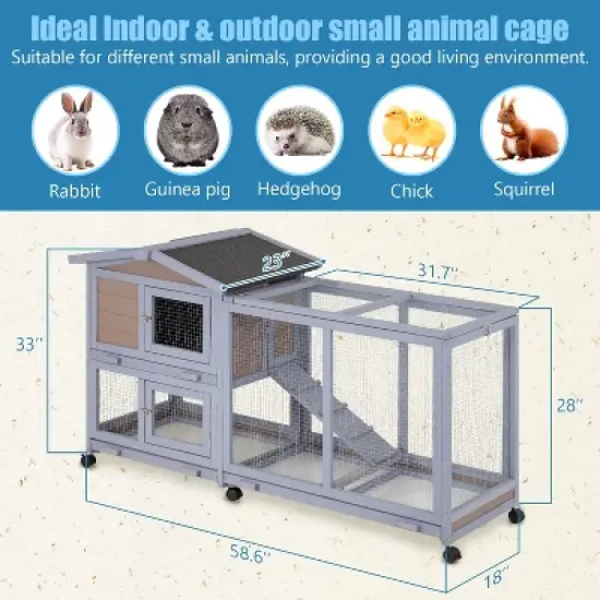 FDW Wood Rabbit Hutch Rabbit Cage Bunny Hutch Rolling Large Bunny Cage Indoor Outdoor Two Story Guinea Pig Hutch Rabbit House with Wheels, Grey image {6}