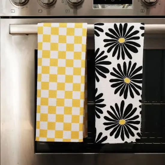 Geometry Tea Towel Set Zest: Modern Floral & Gingham Check, Quick Dry Microfiber, Off-White/Black/Yellow, 2-Piece Kitchen Textile image {1}