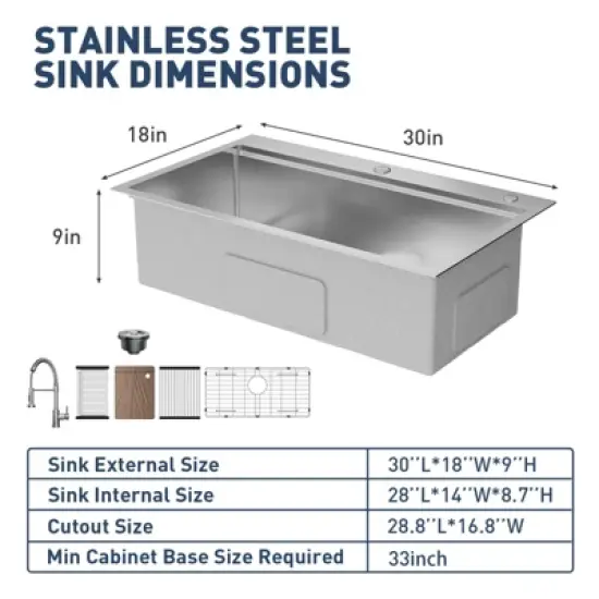 Drop In Kitchen Sink,Stainless Steel Kitchen Single Bowl Sinks, Modern Top Mount 16 Gauge Workstation Sink- with Pull-Down Faucet for Bar image {7}